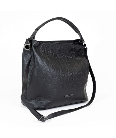 Kožená kabelka Bagger s razeným vzorom, čierna s tmavým logom, do ruky, crossbody